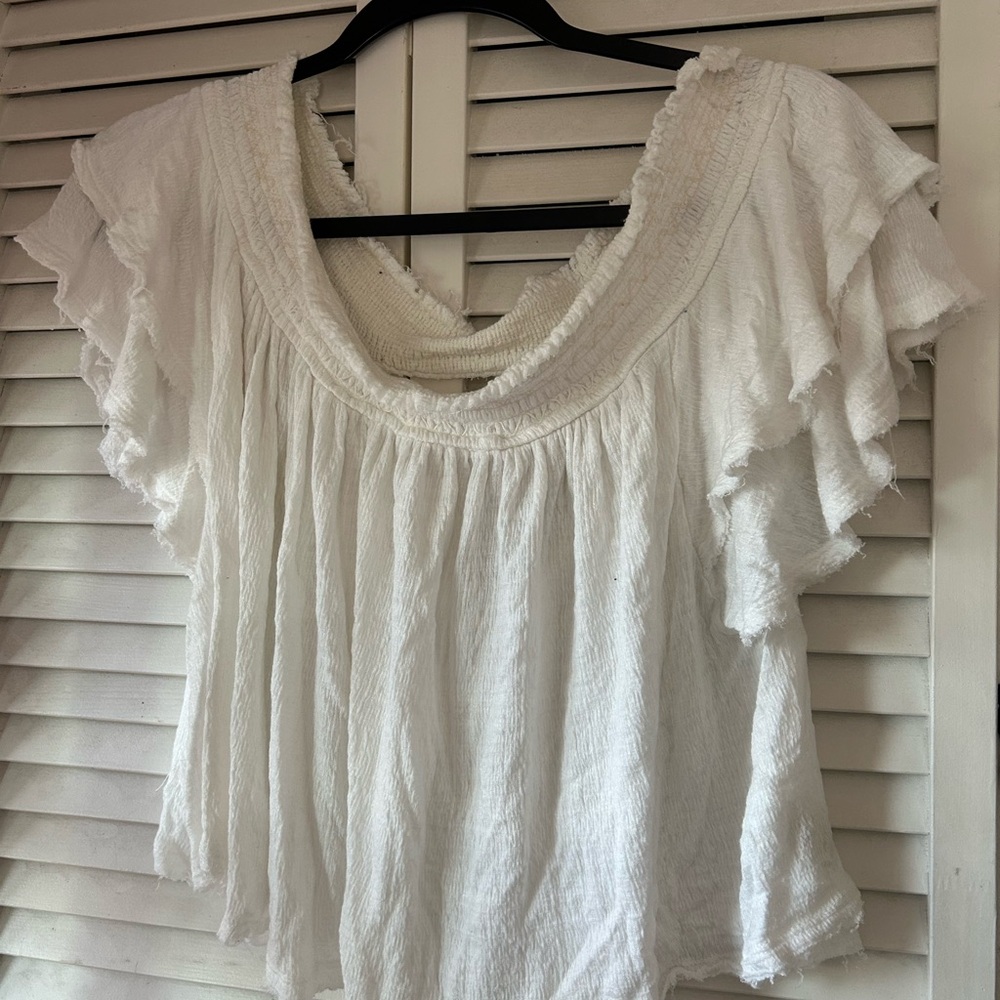 Anthropologie White Ruffled Square-Neck Blouse